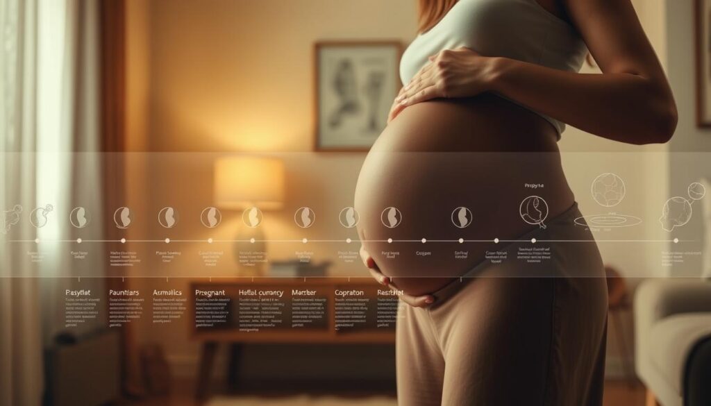 A detailed illustration of a pregnant woman's journey, captured with a cinematic lens. In the foreground, a mother-to-be stands in a serene, softly-lit room, her hands cradling her growing belly. The middle ground showcases a timeline of gestational milestones, with delicate sketches and data visualizations highlighting the fetal development. In the background, a warm, muted color palette sets the tone, conveying the tranquility and anticipation of this transformative experience. The composition invites the viewer to immerse themselves in the intimate, step-by-step unfolding of a pregnancy, capturing the beauty and wonder of this profound life chapter. A detailed illustration of a pregnant woman's journey, captured with a cinematic lens. In the foreground, a mother-to-be stands in a serene, softly-lit room, her hands cradling her growing belly. The middle ground showcases a timeline of gestational milestones, with delicate sketches and data visualizations highlighting the fetal development. In the background, a warm, muted color palette sets the tone, conveying the tranquility and anticipation of this transformative experience. The composition invites the viewer to immerse themselves in the intimate, step-by-step unfolding of a pregnancy, capturing the beauty and wonder of this profound life chapter.