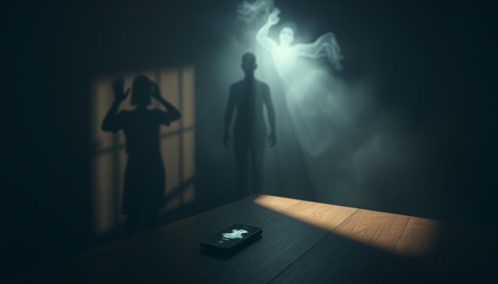 A dimly lit room with an otherworldly glow permeating the space. A transparent, ethereal figure hovers in the foreground, its translucent form emitting a faint luminescence. Shadows dance across the walls, creating an atmosphere of mystery and intrigue. Soft, diffused lighting illuminates the scene, casting a serene, contemplative mood. In the middle ground, a smartphone rests on a wooden table, its screen displaying a ghostly image. The background is shrouded in a hazy, ethereal mist, suggesting the presence of the supernatural. The overall composition evokes a sense of the unexpected, hinting at the unseen forces that exist beyond the realm of the physical world. A dimly lit room with an otherworldly glow permeating the space. A transparent, ethereal figure hovers in the foreground, its translucent form emitting a faint luminescence. Shadows dance across the walls, creating an atmosphere of mystery and intrigue. Soft, diffused lighting illuminates the scene, casting a serene, contemplative mood. In the middle ground, a smartphone rests on a wooden table, its screen displaying a ghostly image. The background is shrouded in a hazy, ethereal mist, suggesting the presence of the supernatural. The overall composition evokes a sense of the unexpected, hinting at the unseen forces that exist beyond the realm of the physical world.