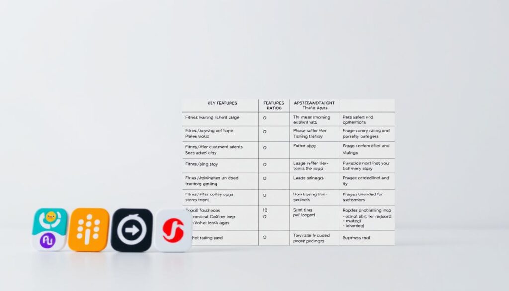 A high-quality, detailed comparison of various fitness training apps, presented in a clean, minimalist style. The foreground showcases a grid of app icons, each with a distinctive style and branding. The middle ground features a side-by-side comparison of key features, ratings, and user reviews for the apps. The background is a soft, muted gradient, creating a calm, professional atmosphere. The lighting is soft and diffused, highlighting the app details without harsh shadows. The perspective is slightly elevated, giving an overview of the comparative information. The overall mood is one of helpful, informative analysis, designed to assist the reader in selecting the best training app for their needs.