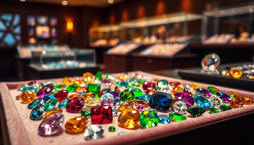 A magnificent collection of precious gemstones glistens under soft, warm lighting, arranged in a captivating display. In the foreground, a variety of cut and polished stones - rubies, emeralds, sapphires, and diamonds - rest on a velvet-lined tray, their facets catching the light and refracting into a mesmerizing kaleidoscope of colors. The middle ground features additional trays and display cases, showcasing the breadth and depth of this stunning collection. The background subtly blurs, allowing the viewer to focus on the exquisite gems. The overall mood is one of elegance, wonder, and the timeless allure of nature's most dazzling creations.