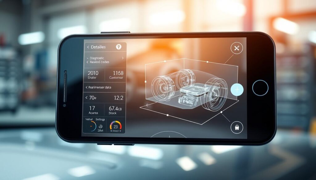 A modern car diagnostic app interface displayed on a smartphone screen, with a clean and intuitive user experience. In the foreground, the app's main screen shows detailed vehicle information, diagnostic codes, and real-time sensor data. The middle ground features an augmented reality overlay, projecting a virtual 3D model of the car's internal components. In the background, a softly blurred workshop environment sets the scene, suggesting the app's integration with professional vehicle maintenance. The lighting is warm and natural, creating a sense of reliability and trustworthiness. The overall composition and color palette convey a high-tech, futuristic, and user-friendly aesthetic. A modern car diagnostic app interface displayed on a smartphone screen, with a clean and intuitive user experience. In the foreground, the app's main screen shows detailed vehicle information, diagnostic codes, and real-time sensor data. The middle ground features an augmented reality overlay, projecting a virtual 3D model of the car's internal components. In the background, a softly blurred workshop environment sets the scene, suggesting the app's integration with professional vehicle maintenance. The lighting is warm and natural, creating a sense of reliability and trustworthiness. The overall composition and color palette convey a high-tech, futuristic, and user-friendly aesthetic.