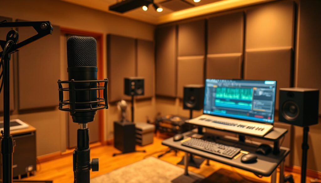 A professional recording studio with a well-equipped voice editing workstation. In the foreground, a high-end microphone on a sturdy stand, ready to capture pristine vocal recordings. The middle ground features a sleek, modern computer setup with a large, high-resolution display, audio interface, and professional-grade audio editing software. The background showcases a sound-treated room with acoustic panels, creating an optimal environment for precise voice editing. Warm, focused lighting illuminates the scene, emphasizing the attention to detail and the technical expertise required for professional-level voice editing. A professional recording studio with a well-equipped voice editing workstation. In the foreground, a high-end microphone on a sturdy stand, ready to capture pristine vocal recordings. The middle ground features a sleek, modern computer setup with a large, high-resolution display, audio interface, and professional-grade audio editing software. The background showcases a sound-treated room with acoustic panels, creating an optimal environment for precise voice editing. Warm, focused lighting illuminates the scene, emphasizing the attention to detail and the technical expertise required for professional-level voice editing.