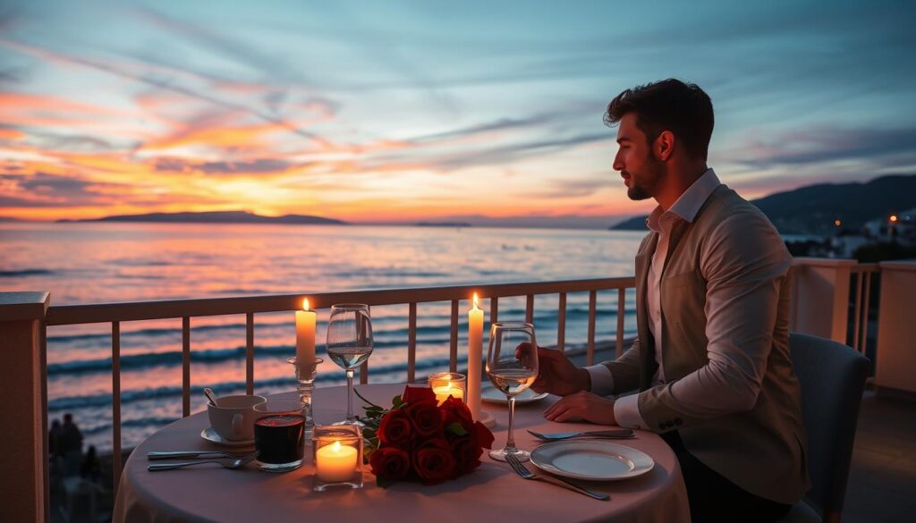 A romantic candlelit dinner for two on a secluded balcony overlooking a serene Mediterranean coastline at dusk. Soft, warm lighting illuminates a table set with fine china, crystal stemware, and a bouquet of red roses. In the background, the last vestiges of a vibrant sunset paint the sky in a tapestry of reds, oranges, and purples, while the gentle lapping of waves creates a soothing soundtrack. The couple, dressed elegantly, gaze into each other's eyes, completely absorbed in the moment, savoring the perfect night of romance. A romantic candlelit dinner for two on a secluded balcony overlooking a serene Mediterranean coastline at dusk. Soft, warm lighting illuminates a table set with fine china, crystal stemware, and a bouquet of red roses. In the background, the last vestiges of a vibrant sunset paint the sky in a tapestry of reds, oranges, and purples, while the gentle lapping of waves creates a soothing soundtrack. The couple, dressed elegantly, gaze into each other's eyes, completely absorbed in the moment, savoring the perfect night of romance.