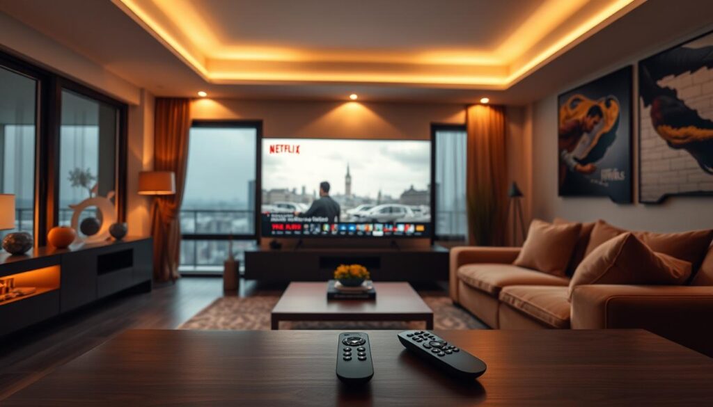 A serene living room scene, illuminated by the soft glow of a 4K OLED TV displaying a captivating Turkish drama series on Netflix. The room features modern, minimalist furnishings in earthy tones, with a plush L-shaped sofa and a sleek coffee table. Warm, diffused lighting cascades from concealed ceiling fixtures, creating a cozy, inviting ambiance. In the foreground, a stylish remote control rests on the table, ready to navigate the expansive library of Turkish content. The background subtly hints at the global reach of Netflix, with glimpses of international cityscapes visible through the large windows. A serene living room scene, illuminated by the soft glow of a 4K OLED TV displaying a captivating Turkish drama series on Netflix. The room features modern, minimalist furnishings in earthy tones, with a plush L-shaped sofa and a sleek coffee table. Warm, diffused lighting cascades from concealed ceiling fixtures, creating a cozy, inviting ambiance. In the foreground, a stylish remote control rests on the table, ready to navigate the expansive library of Turkish content. The background subtly hints at the global reach of Netflix, with glimpses of international cityscapes visible through the large windows.
