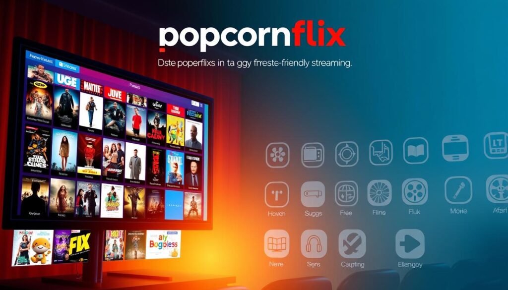 A vibrant, colorful poster showcasing the Popcornflix catalog of movies and TV series. In the foreground, a large cinema screen displays an array of film genres and titles, capturing the diverse content available on the platform. The middle ground features sleek, modern icons and graphics, emphasizing Popcornflix's user-friendly interface and accessibility. The background is bathed in a warm, inviting glow, creating a cozy, theater-like atmosphere. The overall composition conveys a sense of entertainment, discovery, and the joy of watching films on-the-go through a free, user-friendly streaming service.