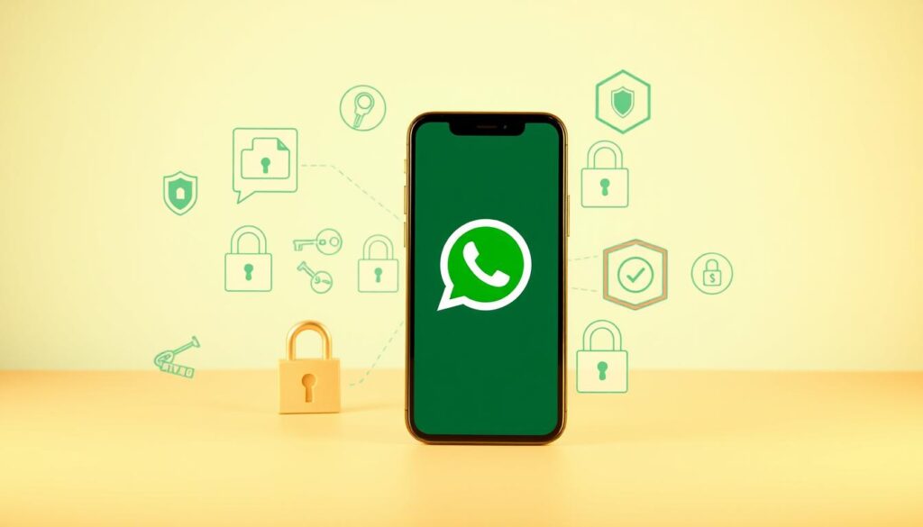 A vibrant, visually engaging image showcasing security tips for WhatsApp users. In the foreground, a smartphone displays the WhatsApp interface, surrounded by various security-themed icons and symbols, such as padlocks, encryption keys, and privacy shields, conveying the importance of safeguarding one's digital communications. The middle ground features a clean, minimalist design, with a neutral background that allows the security elements to take center stage. Warm, soft lighting illuminates the scene, creating a sense of trustworthiness and reliability. The overall composition is balanced and aesthetically pleasing, reflecting the care and attention required to ensure the safety of one's WhatsApp conversations. A vibrant, visually engaging image showcasing security tips for WhatsApp users. In the foreground, a smartphone displays the WhatsApp interface, surrounded by various security-themed icons and symbols, such as padlocks, encryption keys, and privacy shields, conveying the importance of safeguarding one's digital communications. The middle ground features a clean, minimalist design, with a neutral background that allows the security elements to take center stage. Warm, soft lighting illuminates the scene, creating a sense of trustworthiness and reliability. The overall composition is balanced and aesthetically pleasing, reflecting the care and attention required to ensure the safety of one's WhatsApp conversations.