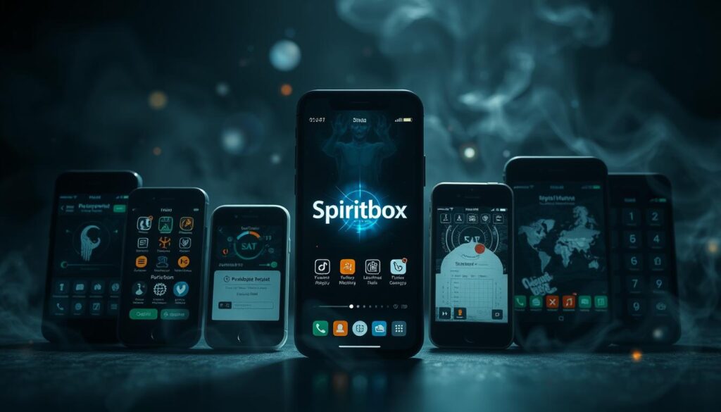 A comparative view of various paranormal apps, showcasing their unique features and functionalities. A central display presents the Spiritbox app alongside other prominent paranormal investigation tools, all set against a dimly lit, atmospheric backdrop. Subtle glowing orbs and ethereal energy fields permeate the scene, creating a sense of mysticism and the supernatural. The lighting is dramatic, with soft shadows and highlights accentuating the details of the apps' interfaces and design elements. The overall composition guides the viewer's attention to the Spiritbox app, while inviting exploration of the contrasting capabilities of the other paranormal apps featured.