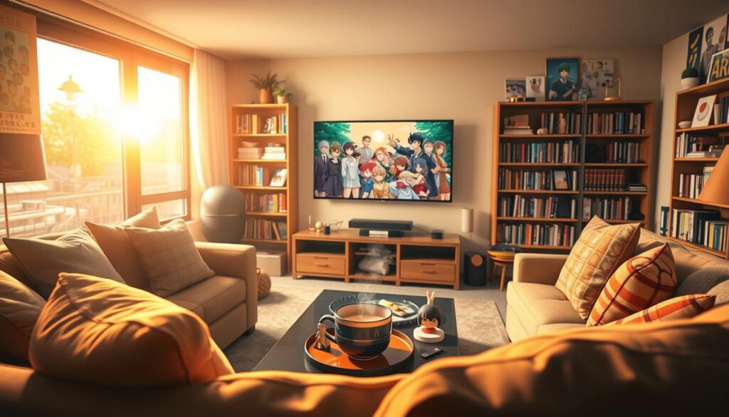 A cozy and inviting living room scene, bathed in warm, golden lighting from a large window. In the foreground, a comfortable couch and chair, adorned with plush pillows, create a perfect spot for binge-watching anime. On the coffee table, a steaming mug of tea or coffee, surrounded by various anime figurines and memorabilia. The middle ground features a sleek, modern entertainment center, with a large TV screen displaying an engaging anime scene. Bookcases line the walls, filled with a diverse collection of anime series and manga. The background blurs softly, with hints of vibrant anime-inspired artwork or posters decorating the walls, creating a immersive and inspirational atmosphere for the perfect anime streaming session. A cozy and inviting living room scene, bathed in warm, golden lighting from a large window. In the foreground, a comfortable couch and chair, adorned with plush pillows, create a perfect spot for binge-watching anime. On the coffee table, a steaming mug of tea or coffee, surrounded by various anime figurines and memorabilia. The middle ground features a sleek, modern entertainment center, with a large TV screen displaying an engaging anime scene. Bookcases line the walls, filled with a diverse collection of anime series and manga. The background blurs softly, with hints of vibrant anime-inspired artwork or posters decorating the walls, creating a immersive and inspirational atmosphere for the perfect anime streaming session.