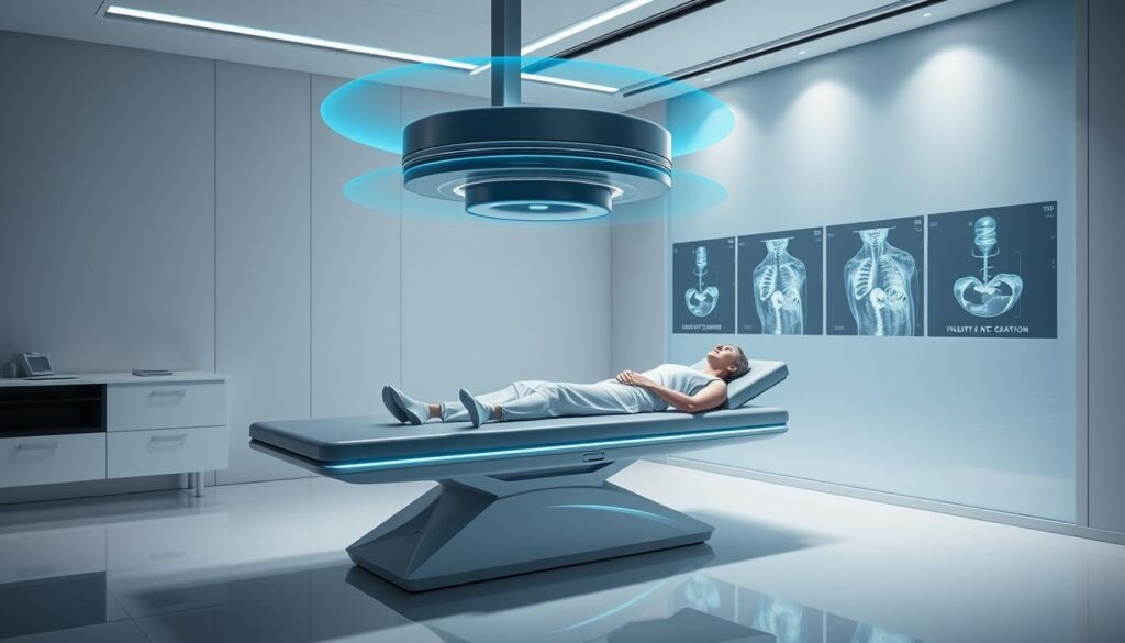 A futuristic medical device levitates above a sleek, high-tech examination table in a minimalist, well-lit clinic. The ultrasound transducer hovers, controlled by holographic interfaces and voice commands. Patients recline comfortably as 3D anatomical images are projected onto the wall, enabling remote diagnosis and real-time collaboration between medical experts. The scene conveys a sense of effortless innovation, efficiency, and the promise of accessible, advanced healthcare powered by mobile ultrasound technology. A futuristic medical device levitates above a sleek, high-tech examination table in a minimalist, well-lit clinic. The ultrasound transducer hovers, controlled by holographic interfaces and voice commands. Patients recline comfortably as 3D anatomical images are projected onto the wall, enabling remote diagnosis and real-time collaboration between medical experts. The scene conveys a sense of effortless innovation, efficiency, and the promise of accessible, advanced healthcare powered by mobile ultrasound technology.