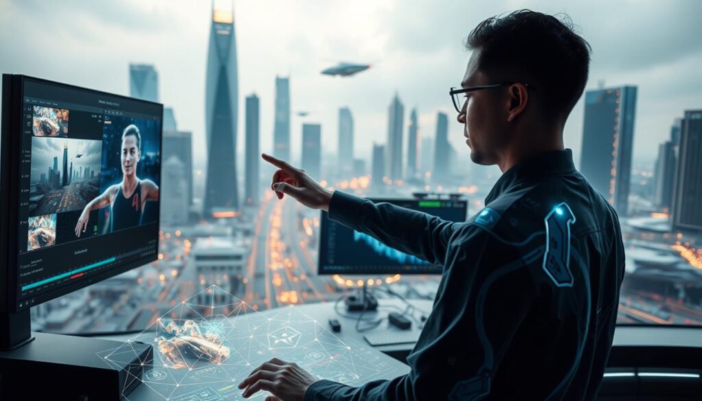 A futuristic scene of video creation with artificial intelligence. In the foreground, a digital artist manipulates a holographic interface, seamlessly blending virtual elements into a cinematic composition. The middle ground features an advanced video editing suite, with intuitive controls and real-time AI-powered effects. In the background, a cityscape of gleaming skyscrapers and hovering transport vehicles sets the stage for a vision of the tomorrow's video production. Soft, diffused lighting casts a serene, almost dreamlike atmosphere over the entire scene, hinting at the effortless power of AI-driven video creation. A futuristic scene of video creation with artificial intelligence. In the foreground, a digital artist manipulates a holographic interface, seamlessly blending virtual elements into a cinematic composition. The middle ground features an advanced video editing suite, with intuitive controls and real-time AI-powered effects. In the background, a cityscape of gleaming skyscrapers and hovering transport vehicles sets the stage for a vision of the tomorrow's video production. Soft, diffused lighting casts a serene, almost dreamlike atmosphere over the entire scene, hinting at the effortless power of AI-driven video creation.