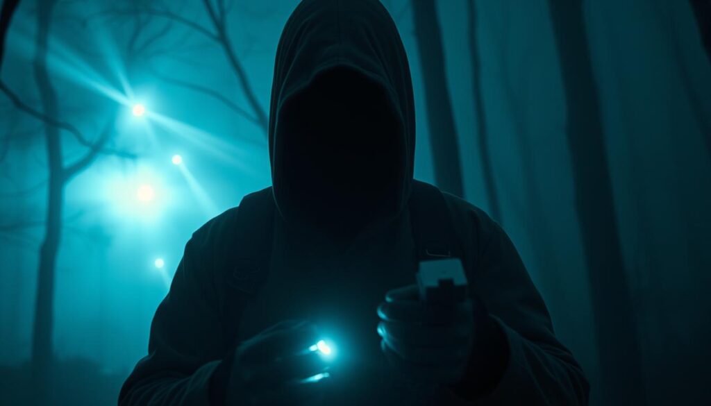 A haunting figure, a ghost hunter armed with an array of paranormal detection equipment, stands resolute in a dimly lit, fog-shrouded forest. Beams of flashlight pierce the eerie mist, revealing a spectral presence glowing faintly in the distance. The ghost hunter's face is obscured, focused intently on the readings from their specialized electromagnetic field detector, scouring the environment for any signs of supernatural activity. The scene is bathed in an otherworldly blue-green hue, lending an ominous, mysterious atmosphere to the encounter. High-contrast lighting and a cinematic camera angle heighten the dramatic tension, as the ghost hunter prepares to confront the unseen forces that lurk in the shadows. A haunting figure, a ghost hunter armed with an array of paranormal detection equipment, stands resolute in a dimly lit, fog-shrouded forest. Beams of flashlight pierce the eerie mist, revealing a spectral presence glowing faintly in the distance. The ghost hunter's face is obscured, focused intently on the readings from their specialized electromagnetic field detector, scouring the environment for any signs of supernatural activity. The scene is bathed in an otherworldly blue-green hue, lending an ominous, mysterious atmosphere to the encounter. High-contrast lighting and a cinematic camera angle heighten the dramatic tension, as the ghost hunter prepares to confront the unseen forces that lurk in the shadows.