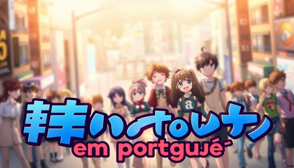 A highly detailed and vibrant anime-style illustration depicting the words "anime em português" (anime in Portuguese) as the central focus. The foreground features stylized Japanese kanji characters and colorful anime-inspired graphics, all rendered in a dynamic, eye-catching composition. The middle ground showcases a group of anime-style characters, their expressions and poses conveying a sense of excitement and enthusiasm. The background depicts a blurred, out-of-focus cityscape with a warm, golden-hued lighting, creating a dreamlike, immersive atmosphere. The overall aesthetic seamlessly blends Japanese anime aesthetics with a distinctly Portuguese flair, making it the perfect visual representation for the "AnmBR: Anime em Português" section of the article. A highly detailed and vibrant anime-style illustration depicting the words "anime em português" (anime in Portuguese) as the central focus. The foreground features stylized Japanese kanji characters and colorful anime-inspired graphics, all rendered in a dynamic, eye-catching composition. The middle ground showcases a group of anime-style characters, their expressions and poses conveying a sense of excitement and enthusiasm. The background depicts a blurred, out-of-focus cityscape with a warm, golden-hued lighting, creating a dreamlike, immersive atmosphere. The overall aesthetic seamlessly blends Japanese anime aesthetics with a distinctly Portuguese flair, making it the perfect visual representation for the "AnmBR: Anime em Português" section of the article.