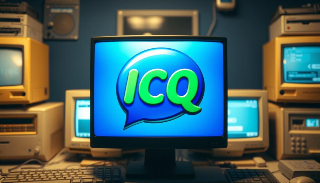 A historical instant messaging application stands prominently in the center, its iconic blue and green logo shining against a backdrop of retro computer monitors and early internet devices. The application interface is detailed, showcasing its classic user interface and chat windows. Subtle lighting from the monitors creates a warm, nostalgic atmosphere, while the overall composition evokes a sense of technological progress and the evolution of online communication. The image captures the essence of "ICQ: The Historic Messenger" and its pivotal role in the history of internet-based chat applications. A historical instant messaging application stands prominently in the center, its iconic blue and green logo shining against a backdrop of retro computer monitors and early internet devices. The application interface is detailed, showcasing its classic user interface and chat windows. Subtle lighting from the monitors creates a warm, nostalgic atmosphere, while the overall composition evokes a sense of technological progress and the evolution of online communication. The image captures the essence of "ICQ: The Historic Messenger" and its pivotal role in the history of internet-based chat applications.