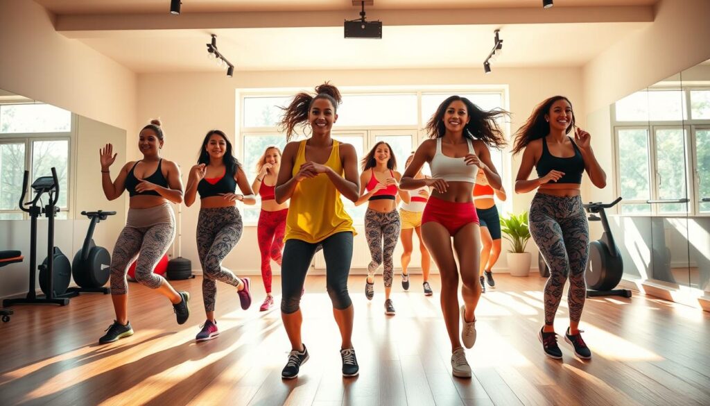 A lively and energetic dance workout video set, with a vibrant and inviting atmosphere. The foreground features a group of diverse dancers, effortlessly moving to an upbeat and rhythmic soundtrack, their bodies in motion, capturing the joy and energy of the Zumba dance style. The middle ground showcases a well-equipped home gym setting, with sleek fitness equipment and a mirrored wall, allowing the viewers to imagine themselves participating in the workout. The background is a warm, sun-drenched space, with natural lighting filtering through large windows, creating a sense of openness and positivity. The overall scene conveys a sense of accessibility, empowerment, and the freedom to explore and master the art of dance-based fitness in the comfort of one's own home. A lively and energetic dance workout video set, with a vibrant and inviting atmosphere. The foreground features a group of diverse dancers, effortlessly moving to an upbeat and rhythmic soundtrack, their bodies in motion, capturing the joy and energy of the Zumba dance style. The middle ground showcases a well-equipped home gym setting, with sleek fitness equipment and a mirrored wall, allowing the viewers to imagine themselves participating in the workout. The background is a warm, sun-drenched space, with natural lighting filtering through large windows, creating a sense of openness and positivity. The overall scene conveys a sense of accessibility, empowerment, and the freedom to explore and master the art of dance-based fitness in the comfort of one's own home.