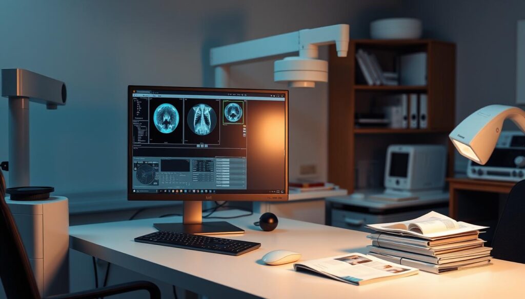 A professional-looking workspace for radiologists, with a desktop computer displaying medical imaging software, medical equipment like an X-ray machine or ultrasound device, and reference materials such as textbooks or medical journals. Soft, indirect lighting creates a calm, focused atmosphere. The overall layout and styling should convey a sense of expertise, technology, and medical professionalism.