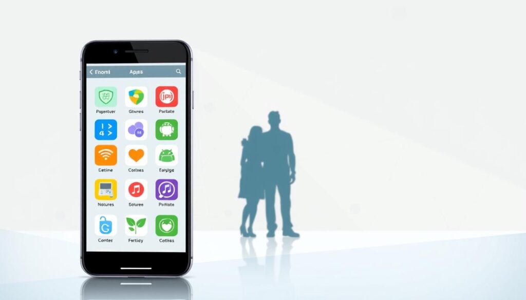 A serene, minimalist illustration showcasing a variety of free parental control alternatives. In the foreground, a smartphone displays a selection of app icons representing different parental control solutions. In the middle ground, a family silhouette stands together, conveying the importance of maintaining a healthy digital environment. The background features a subtle geometric pattern, suggesting the interconnected nature of technology and family life. The lighting is soft and diffused, creating a calming atmosphere. The overall composition emphasizes the accessibility and versatility of the free parental control options available.