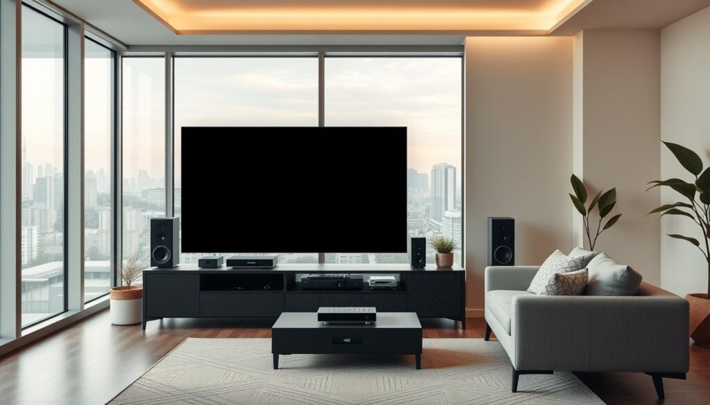 A serene, modern apartment interior with large windows overlooking a cityscape. In the foreground, a sleek entertainment system with a high-quality 4K TV, streaming boxes, and a powerful audio setup. The middle ground features a comfortable sofa and armchair, perfect for binge-watching the latest anime series. The background showcases a minimalist, yet stylish decor with geometric patterns and natural elements like plants and wooden accents. The lighting is a warm, soft glow, creating a cozy and inviting atmosphere for an immersive anime streaming experience. A serene, modern apartment interior with large windows overlooking a cityscape. In the foreground, a sleek entertainment system with a high-quality 4K TV, streaming boxes, and a powerful audio setup. The middle ground features a comfortable sofa and armchair, perfect for binge-watching the latest anime series. The background showcases a minimalist, yet stylish decor with geometric patterns and natural elements like plants and wooden accents. The lighting is a warm, soft glow, creating a cozy and inviting atmosphere for an immersive anime streaming experience.