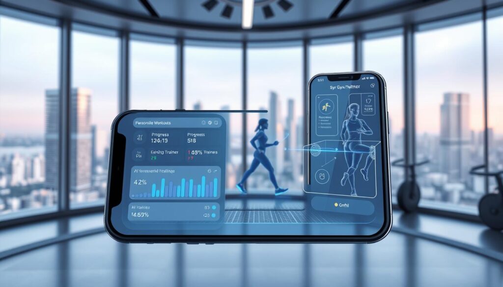 A sleek, futuristic gym app interface floats against a backdrop of a modern, high-tech fitness center. In the foreground, a streamlined dashboard displays personalized workout recommendations, progress tracking, and AI-powered training suggestions. The middle ground showcases holographic trainers guiding immersive, interactive exercise routines. In the background, a panoramic window reveals a cityscape of gleaming skyscrapers, hinting at the app's seamless integration with the urban landscape. Soft, ambient lighting and a minimalist color palette create a serene, futuristic atmosphere, suggesting the effortless convergence of technology and wellness. A sleek, futuristic gym app interface floats against a backdrop of a modern, high-tech fitness center. In the foreground, a streamlined dashboard displays personalized workout recommendations, progress tracking, and AI-powered training suggestions. The middle ground showcases holographic trainers guiding immersive, interactive exercise routines. In the background, a panoramic window reveals a cityscape of gleaming skyscrapers, hinting at the app's seamless integration with the urban landscape. Soft, ambient lighting and a minimalist color palette create a serene, futuristic atmosphere, suggesting the effortless convergence of technology and wellness.