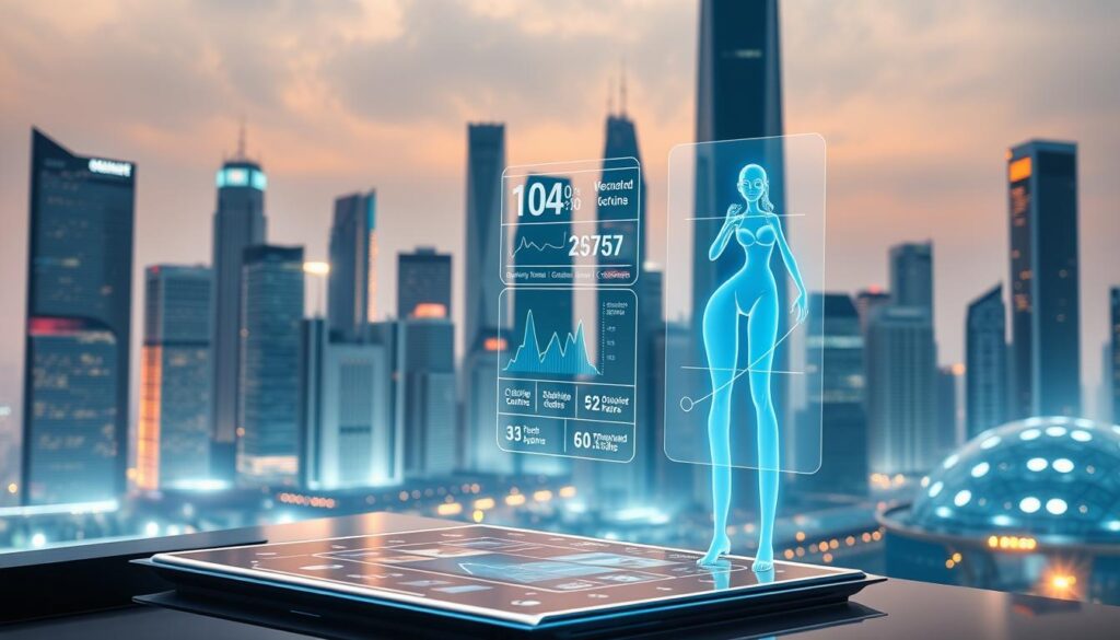 A sleek, modern fitness app interface set against a futuristic cityscape. In the foreground, an avatar powered by AI-driven algorithms customizes a personalized workout regimen. Holographic exercise data and recommended routines float above a smooth, touch-enabled display. In the background, a towering skyline of gleaming skyscrapers and transparent domes hints at the technological innovations transforming the fitness industry. Cinematic lighting casts a warm, inspiring glow, conveying the efficiency and intelligence empowering the next generation of workout apps. A sleek, modern fitness app interface set against a futuristic cityscape. In the foreground, an avatar powered by AI-driven algorithms customizes a personalized workout regimen. Holographic exercise data and recommended routines float above a smooth, touch-enabled display. In the background, a towering skyline of gleaming skyscrapers and transparent domes hints at the technological innovations transforming the fitness industry. Cinematic lighting casts a warm, inspiring glow, conveying the efficiency and intelligence empowering the next generation of workout apps.