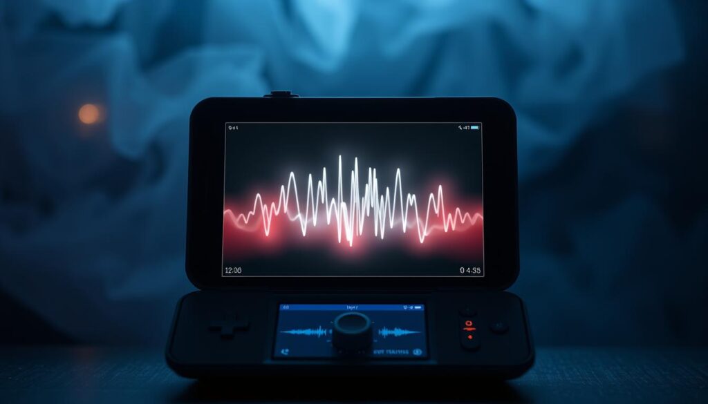 A sleek, modern user interface for the Spirit Box app, with a clean, minimalist design. The foreground features a central display showing a spectral waveform, accompanied by various controls and buttons for adjusting settings and functionality. The middle ground showcases a smooth, translucent overlay with ambient lighting, creating a mystical, otherworldly atmosphere. The background subtly fades into a dimly lit, atmospheric environment, evoking a sense of mystery and the supernatural. The overall composition conveys a seamless, intuitive user experience, blending technology and the paranormal in a visually striking manner.