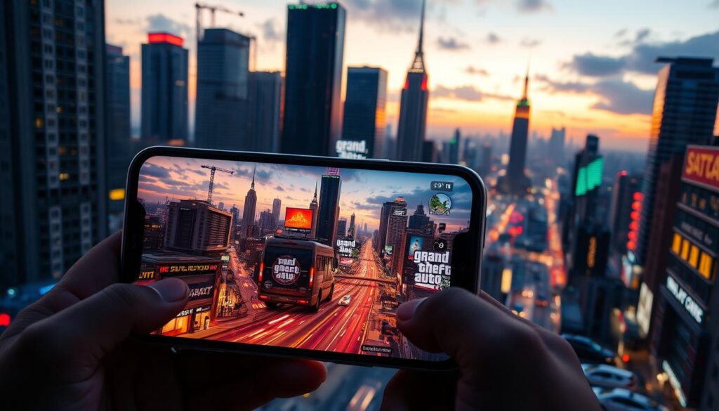 A sprawling metropolitan cityscape at dusk, with towering skyscrapers and bustling streets. In the foreground, a mobile device displays vibrant, hyper-realistic graphics of a Grand Theft Auto game, with intricate details, rich textures, and fluid animations. The lighting casts a warm, cinematic glow, capturing the immersive gameplay experience. In the background, the urban landscape is rendered with a mix of photorealistic and stylized elements, creating a visually striking contrast. The overall scene conveys the power and potential of mobile gaming, blending the virtual world of GTA with the tangible reality of the city. A sprawling metropolitan cityscape at dusk, with towering skyscrapers and bustling streets. In the foreground, a mobile device displays vibrant, hyper-realistic graphics of a Grand Theft Auto game, with intricate details, rich textures, and fluid animations. The lighting casts a warm, cinematic glow, capturing the immersive gameplay experience. In the background, the urban landscape is rendered with a mix of photorealistic and stylized elements, creating a visually striking contrast. The overall scene conveys the power and potential of mobile gaming, blending the virtual world of GTA with the tangible reality of the city.