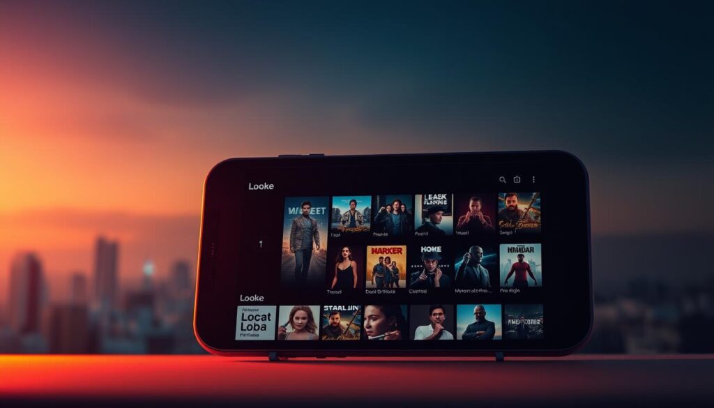 A vibrant and cinematic composition showcasing the Looke platform's film and TV series offerings. A sleek, modern-looking mobile device display fills the foreground, showcasing a selection of high-definition movie and TV show thumbnails against a dark, cinematic background. Warm lighting illuminates the device, creating a sense of depth and highlighting the crisp, vivid imagery. The middle ground features a blurred, atmospheric cityscape, hinting at the platform's Brazilian origins. The background is dominated by a subtle, filmic grain and a softly lit, gradient sky, evoking a premium, premium entertainment experience. A vibrant and cinematic composition showcasing the Looke platform's film and TV series offerings. A sleek, modern-looking mobile device display fills the foreground, showcasing a selection of high-definition movie and TV show thumbnails against a dark, cinematic background. Warm lighting illuminates the device, creating a sense of depth and highlighting the crisp, vivid imagery. The middle ground features a blurred, atmospheric cityscape, hinting at the platform's Brazilian origins. The background is dominated by a subtle, filmic grain and a softly lit, gradient sky, evoking a premium, premium entertainment experience.