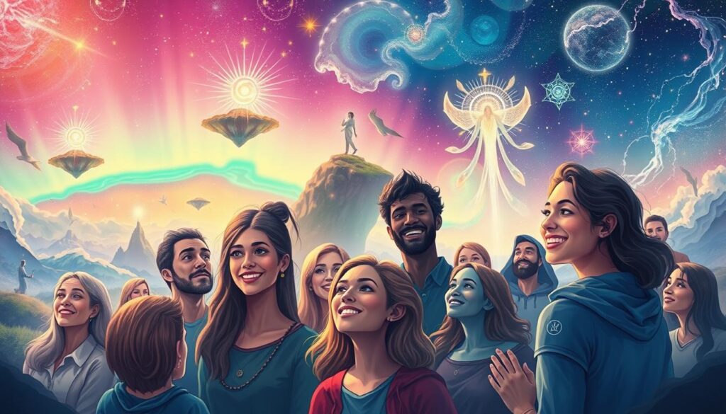 A vibrant, artistic illustration showcasing "relatos usuários" or "user stories" in a captivating spiritual world. In the foreground, a group of diverse individuals share their experiences with the Spiritbox app, their faces alight with wonder and joy. In the middle ground, ethereal spirit guides manifest, offering guidance and insight. The background depicts a dreamlike landscape of floating islands, shimmering aurora borealis, and swirling cosmic energies, all bathed in a warm, mystical light. The composition conveys a sense of connection, discovery, and the transformative power of the Spiritbox app to unlock the secrets of the spiritual realm. A vibrant, artistic illustration showcasing "relatos usuários" or "user stories" in a captivating spiritual world. In the foreground, a group of diverse individuals share their experiences with the Spiritbox app, their faces alight with wonder and joy. In the middle ground, ethereal spirit guides manifest, offering guidance and insight. The background depicts a dreamlike landscape of floating islands, shimmering aurora borealis, and swirling cosmic energies, all bathed in a warm, mystical light. The composition conveys a sense of connection, discovery, and the transformative power of the Spiritbox app to unlock the secrets of the spiritual realm.
