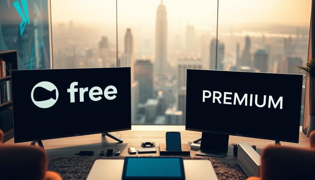 A vibrant, cinematic scene depicting the contrast between free and paid streaming platforms. In the foreground, two sleek, modern televisions display the logos of popular streaming services, one free and one premium. The middle ground features a dynamic array of digital devices - smartphones, tablets, laptops - representing the diverse range of platforms and access points. The background is a softly blurred cityscape, hinting at the global reach and ubiquity of these streaming options. The lighting is warm and inviting, creating a sense of entertainment and leisure. The overall composition conveys the idea of choice, accessibility, and the evolving landscape of digital media consumption. A vibrant, cinematic scene depicting the contrast between free and paid streaming platforms. In the foreground, two sleek, modern televisions display the logos of popular streaming services, one free and one premium. The middle ground features a dynamic array of digital devices - smartphones, tablets, laptops - representing the diverse range of platforms and access points. The background is a softly blurred cityscape, hinting at the global reach and ubiquity of these streaming options. The lighting is warm and inviting, creating a sense of entertainment and leisure. The overall composition conveys the idea of choice, accessibility, and the evolving landscape of digital media consumption.