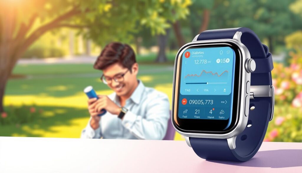 A vibrant, detailed illustration showcasing the benefits of using a diabetes monitoring app. In the foreground, a smartwatch or mobile device prominently displays a diabetes-tracking app interface, with clear graphs, charts, and easy-to-read health metrics. In the middle ground, a person is seen checking their blood glucose levels, with a relaxed, confident expression. The background depicts a serene, natural setting, perhaps a park or garden, conveying a sense of well-being and control over one's health. The lighting is warm and inviting, with soft shadows and highlights that accentuate the various elements. The overall atmosphere is one of empowerment, convenience, and improved quality of life through the use of the diabetes monitoring app. A vibrant, detailed illustration showcasing the benefits of using a diabetes monitoring app. In the foreground, a smartwatch or mobile device prominently displays a diabetes-tracking app interface, with clear graphs, charts, and easy-to-read health metrics. In the middle ground, a person is seen checking their blood glucose levels, with a relaxed, confident expression. The background depicts a serene, natural setting, perhaps a park or garden, conveying a sense of well-being and control over one's health. The lighting is warm and inviting, with soft shadows and highlights that accentuate the various elements. The overall atmosphere is one of empowerment, convenience, and improved quality of life through the use of the diabetes monitoring app.