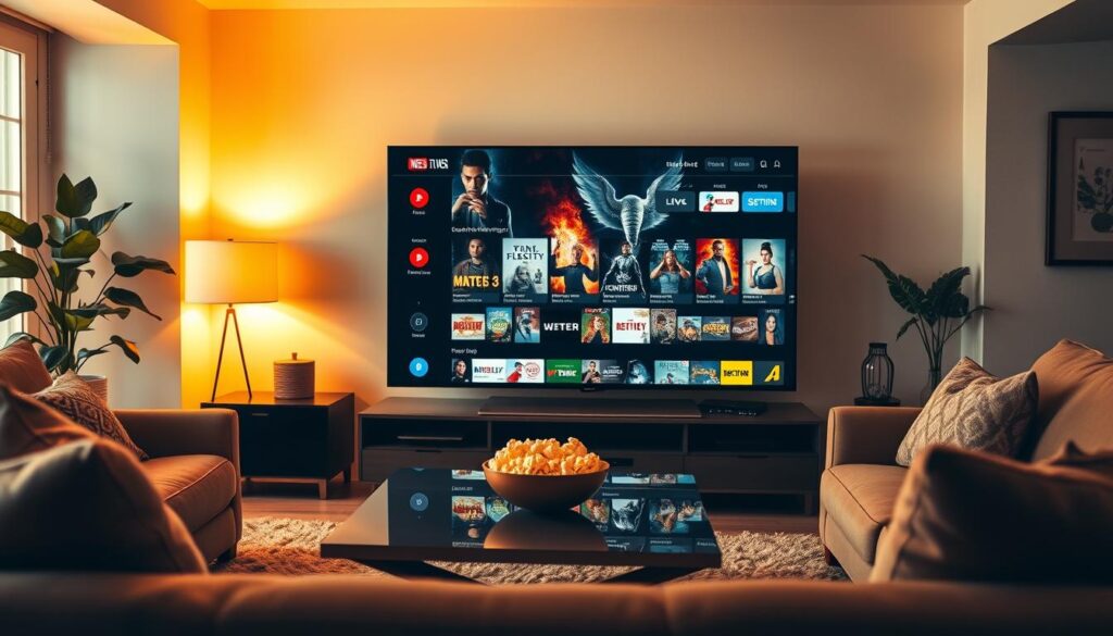 A vibrant living room setting, with a large flat-screen TV prominently displayed. The TV screen shows a diverse selection of live TV channels and movie titles, conveying the idea of free streaming content. Soft, warm lighting illuminates the scene, creating a cozy and inviting atmosphere. In the foreground, a comfortable sofa and armchair invite viewers to relax and enjoy the entertainment. The middle ground features a sleek, modern coffee table, perhaps with a bowl of fresh popcorn, alluding to the movie-watching experience. The background showcases a minimalist, contemporary decor, with hints of natural elements like potted plants or artwork, adding depth and character to the scene.