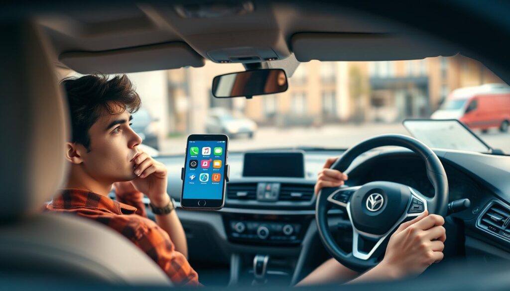 A well-lit, high-resolution image of a young, thoughtful-looking driver sitting in the driver's seat of a modern, mid-sized sedan. The car's dashboard and steering wheel are in the foreground, with the driver's hands resting on the wheel, conveying a sense of focus and attentiveness. In the middle ground, a smartphone mounted on the dashboard displays various app icons, representing the different driver assistance apps available. The background is blurred, suggesting an urban environment with buildings or city streets visible. The overall mood is one of careful consideration and decision-making, as the driver evaluates the best app to meet their driving needs. A well-lit, high-resolution image of a young, thoughtful-looking driver sitting in the driver's seat of a modern, mid-sized sedan. The car's dashboard and steering wheel are in the foreground, with the driver's hands resting on the wheel, conveying a sense of focus and attentiveness. In the middle ground, a smartphone mounted on the dashboard displays various app icons, representing the different driver assistance apps available. The background is blurred, suggesting an urban environment with buildings or city streets visible. The overall mood is one of careful consideration and decision-making, as the driver evaluates the best app to meet their driving needs.