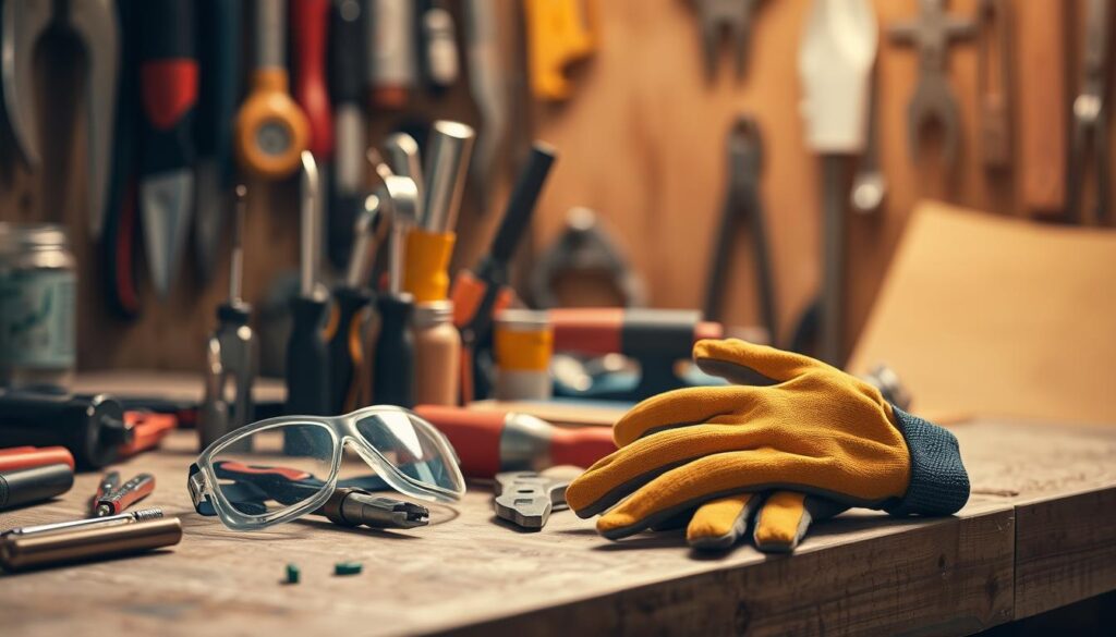 A workshop setting with a sturdy workbench, various hand tools neatly arranged - screwdrivers, pliers, hammers. A pair of protective safety goggles and work gloves sit nearby, emphasizing the importance of personal protective equipment. Warm, directional lighting casts subtle shadows, creating a sense of depth and three-dimensionality. The background is blurred, keeping the focus on the tools and accessories. An atmosphere of care, precision, and safety pervades the scene, underscoring the message of responsible tool usage. A workshop setting with a sturdy workbench, various hand tools neatly arranged - screwdrivers, pliers, hammers. A pair of protective safety goggles and work gloves sit nearby, emphasizing the importance of personal protective equipment. Warm, directional lighting casts subtle shadows, creating a sense of depth and three-dimensionality. The background is blurred, keeping the focus on the tools and accessories. An atmosphere of care, precision, and safety pervades the scene, underscoring the message of responsible tool usage.