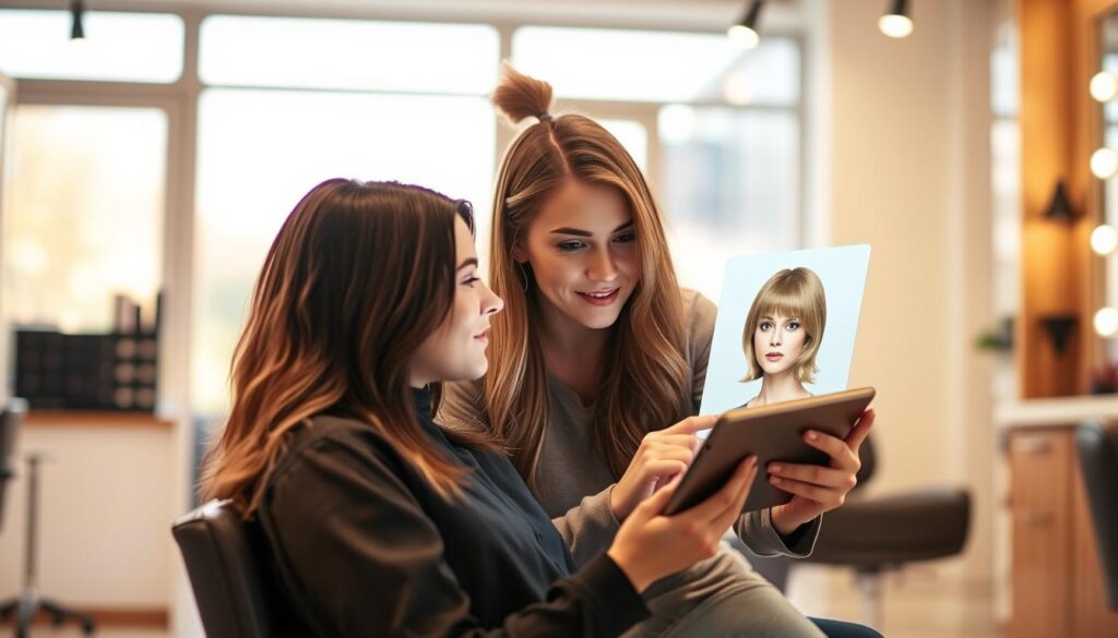 A young woman sitting in a hair salon, collaborating with her stylist on a virtual hair makeover. The salon is well-lit, with warm, soft lighting filtering through large windows. The stylist and client are leaning in, intently examining a digital rendering of a new hairstyle on a tablet device. The woman's current hairstyle is visible, and the two are engaged in an animated discussion, exploring different virtual options. The scene conveys a sense of cooperation, creativity, and the seamless integration of technology into the traditional hair salon experience. A young woman sitting in a hair salon, collaborating with her stylist on a virtual hair makeover. The salon is well-lit, with warm, soft lighting filtering through large windows. The stylist and client are leaning in, intently examining a digital rendering of a new hairstyle on a tablet device. The woman's current hairstyle is visible, and the two are engaged in an animated discussion, exploring different virtual options. The scene conveys a sense of cooperation, creativity, and the seamless integration of technology into the traditional hair salon experience.