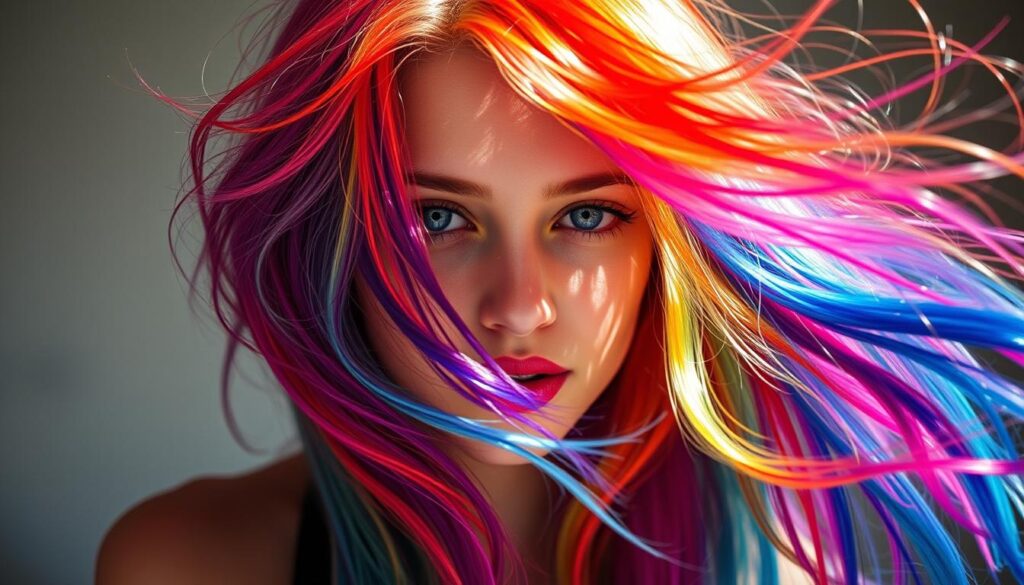 A young woman with flowing, vibrant hair in a variety of vivid colors, captured in a warm, natural lighting setting. The hair cascades around her face, with highlights and lowlights blending seamlessly. The background is slightly blurred, placing the focus on the subject's hair and expressive expression. The mood is one of creativity, transformation, and self-expression. The image conveys the idea of experimenting with hair color and the transformative power of a new look. A young woman with flowing, vibrant hair in a variety of vivid colors, captured in a warm, natural lighting setting. The hair cascades around her face, with highlights and lowlights blending seamlessly. The background is slightly blurred, placing the focus on the subject's hair and expressive expression. The mood is one of creativity, transformation, and self-expression. The image conveys the idea of experimenting with hair color and the transformative power of a new look.