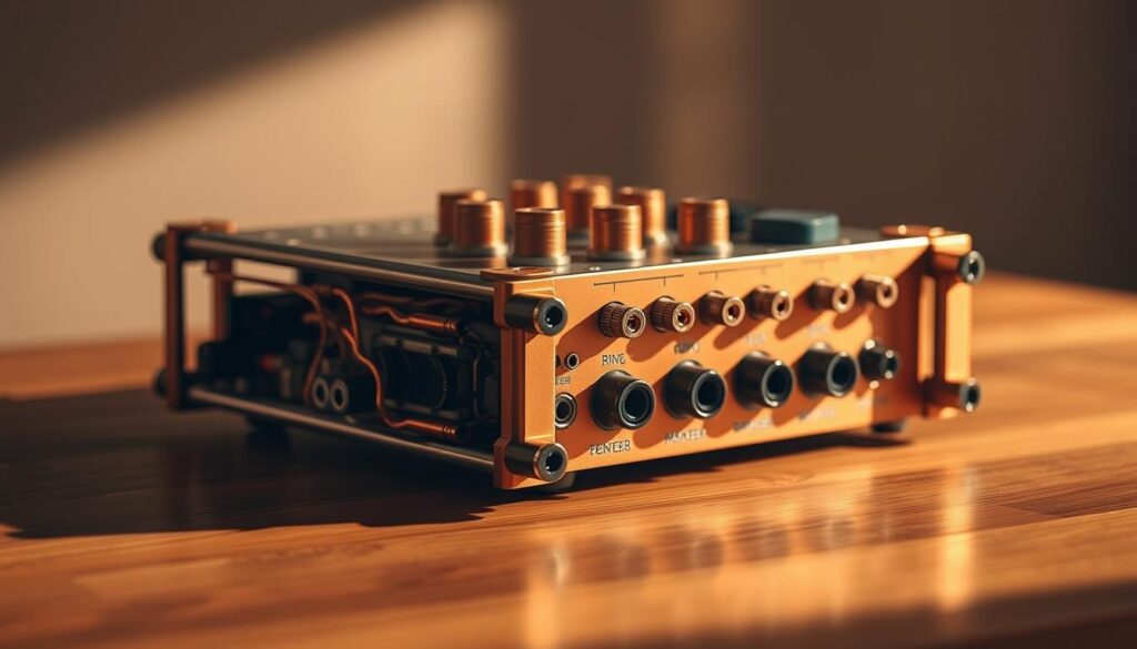 An amplifier made of copper-colored metal parts, neatly arranged on a wooden table, with a minimalist, industrial design aesthetic. The amplifier features various knobs, buttons, and input/output ports, hinting at its technical capabilities. Warm, directional lighting casts shadows that create depth and highlight the intricate details of the device. The background is a blurred, neutral tone, allowing the amplifier to be the central focus of the image. The overall composition conveys a sense of functional simplicity and precision, suitable for illustrating a section on homemade audio enhancement solutions.
