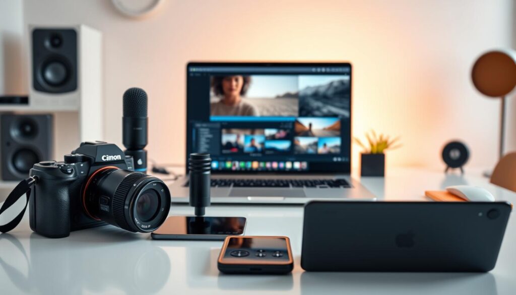 A bright, modern workspace with various AI-powered video tools arranged neatly on a sleek, minimalist desk. In the foreground, a high-end mirrorless camera, a professional-grade microphone, and a compact digital tablet, all gleaming with a sense of cutting-edge technology. In the middle ground, a state-of-the-art laptop displays a user interface showcasing AI-driven video editing and enhancement features. In the background, a large, high-resolution monitor displays a vibrant, cinematic video, hinting at the powerful capabilities of these AI-infused tools. The lighting is soft and diffused, creating a warm, inviting atmosphere, and the overall composition conveys a sense of seamless integration between human creativity and artificial intelligence. A bright, modern workspace with various AI-powered video tools arranged neatly on a sleek, minimalist desk. In the foreground, a high-end mirrorless camera, a professional-grade microphone, and a compact digital tablet, all gleaming with a sense of cutting-edge technology. In the middle ground, a state-of-the-art laptop displays a user interface showcasing AI-driven video editing and enhancement features. In the background, a large, high-resolution monitor displays a vibrant, cinematic video, hinting at the powerful capabilities of these AI-infused tools. The lighting is soft and diffused, creating a warm, inviting atmosphere, and the overall composition conveys a sense of seamless integration between human creativity and artificial intelligence.