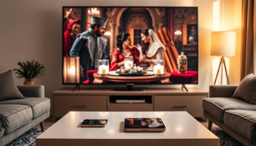 A cozy living room setting, with a large flat-screen TV prominently displayed. The TV screen shows a dramatic scene from a Turkish soap opera, with intricately costumed characters engaged in an intense emotional exchange. Soft, warm lighting bathes the scene, creating a comfortable and inviting atmosphere. In the foreground, a modern, minimalist coffee table holds a smartphone or tablet, suggesting the ease of accessing and streaming Turkish dramas on the go. The overall composition conveys the idea of a seamless, immersive experience of enjoying Turkish telenovelas through a top-notch mobile application.
