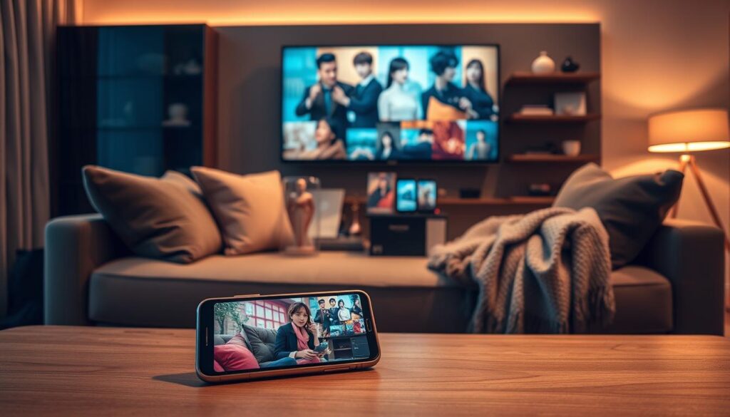 A cozy, well-lit living room setting, showcasing the exclusive features of a mobile app for watching Korean dramas. In the foreground, a smartphone rests on a minimalist wooden table, its screen displaying vibrant, high-quality video playback. Behind it, plush cushions and a soft throw blanket invite viewers to sink into a comfortable viewing experience. The middle ground features a selection of Korean drama merchandise, such as character figurines and drama soundtracks, hinting at the immersive content available. In the background, a sleek, modern entertainment unit displays various mobile devices, symbolizing the seamless cross-platform accessibility of the app. Warm, diffused lighting creates a inviting, cinematic atmosphere, accentuating the premium quality and exclusivity of the resources.