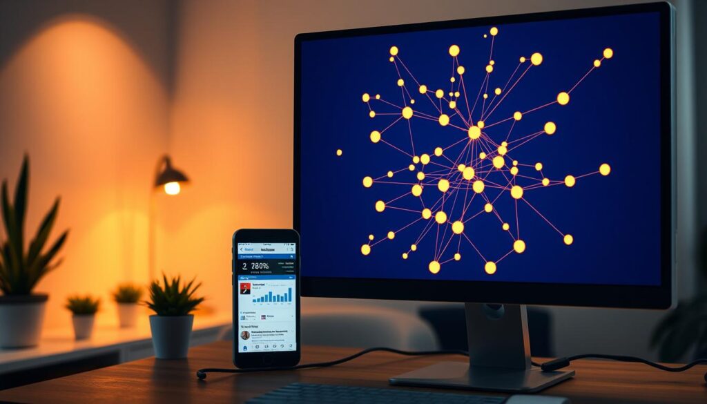 A data-driven visualization of Facebook user interactions. A desktop computer screen in the foreground displays a network graph, with nodes representing users and edges connecting those who have interacted. The graph is illuminated by warm, directional lighting, casting subtle shadows and highlighting the intricacies of the connections. In the middle ground, a smartphone displays analytical data, while the background features a minimalist office setting with potted plants and neutral-toned furnishings, creating a professional, analytical atmosphere. The overall composition conveys a sense of understanding social media engagement through a methodical, data-centric approach. A data-driven visualization of Facebook user interactions. A desktop computer screen in the foreground displays a network graph, with nodes representing users and edges connecting those who have interacted. The graph is illuminated by warm, directional lighting, casting subtle shadows and highlighting the intricacies of the connections. In the middle ground, a smartphone displays analytical data, while the background features a minimalist office setting with potted plants and neutral-toned furnishings, creating a professional, analytical atmosphere. The overall composition conveys a sense of understanding social media engagement through a methodical, data-centric approach.