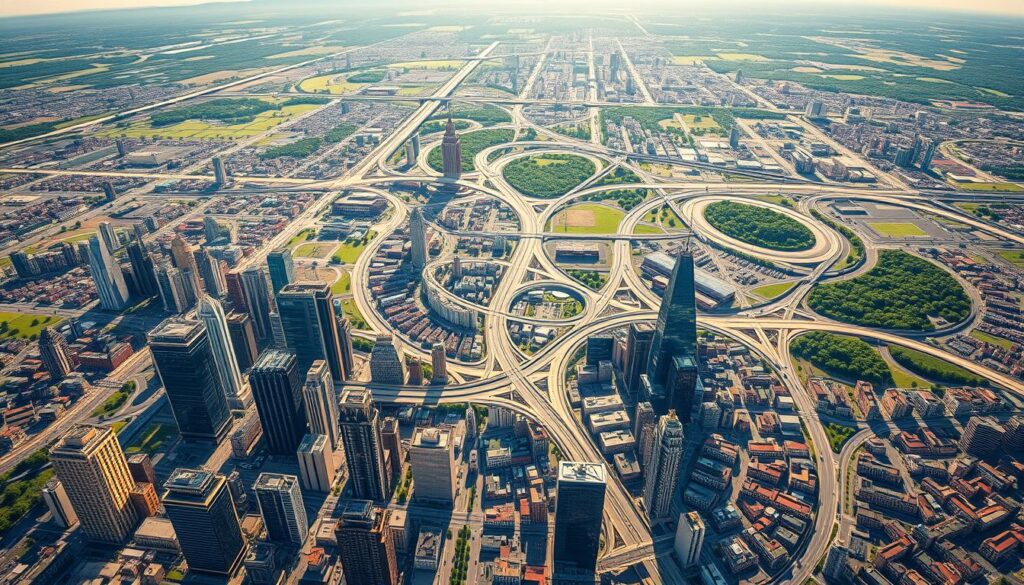 A detailed 3D map of a vibrant city, rendered with striking realism and clarity. The cityscape unfolds in the foreground, with towering skyscrapers and bustling streets. In the middle ground, a network of winding roads and highways intertwine, guiding the viewer through the urban landscape. The background showcases a panoramic vista, complete with lush greenery and a picturesque horizon. The lighting is warm and natural, casting a soft glow over the entire scene. The camera angle is elevated, offering a bird's-eye view that captures the scale and grandeur of the 3D mapping technology. The overall impression is one of advanced navigation, with a sense of depth and spatial awareness that enhances the user experience. A detailed 3D map of a vibrant city, rendered with striking realism and clarity. The cityscape unfolds in the foreground, with towering skyscrapers and bustling streets. In the middle ground, a network of winding roads and highways intertwine, guiding the viewer through the urban landscape. The background showcases a panoramic vista, complete with lush greenery and a picturesque horizon. The lighting is warm and natural, casting a soft glow over the entire scene. The camera angle is elevated, offering a bird's-eye view that captures the scale and grandeur of the 3D mapping technology. The overall impression is one of advanced navigation, with a sense of depth and spatial awareness that enhances the user experience.