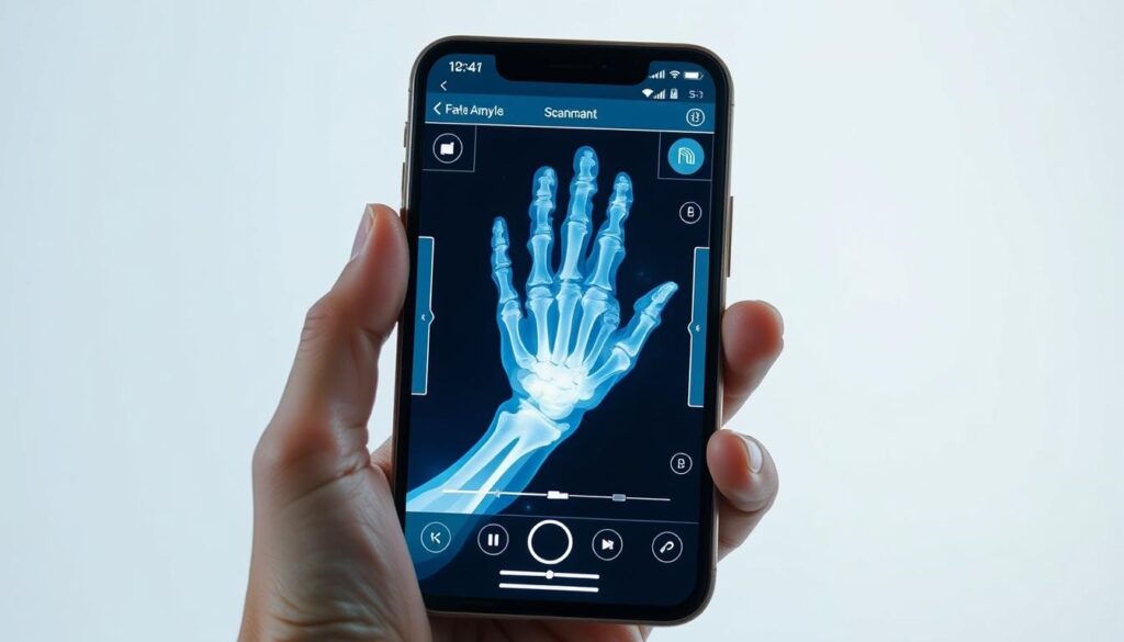 A detailed x-ray scanner app on a modern smartphone screen, with a futuristic, high-tech interface. The screen shows a ghostly, transparent view of a human hand, revealing the bones and inner structure. The app's controls and settings are visible, allowing the user to adjust the scanning parameters. The device is held in a hand, set against a clean, minimalist background with subtle gradients or patterns. Bright, crisp lighting highlights the intricate details of the app and the x-ray scan, creating a sense of scientific precision and advanced technology.