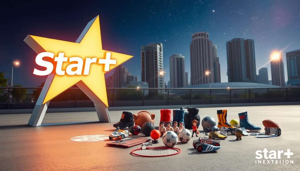 A dynamic outdoor scene with a large, vibrant Star+ logo prominently displayed in the foreground, casting a warm, inviting glow. In the middle ground, various sports equipment and anime-inspired elements such as manga-style illustrations or anime character figurines are neatly arranged, creating a sense of excitement and entertainment. The background features a sleek, modern cityscape with high-rise buildings and a clear, starry night sky, reflecting the diverse content offerings of the Star+ platform. The lighting is a combination of soft, diffused natural light and strategically placed spotlights to highlight the key elements. The overall composition conveys the intersection of sports, anime, and the Star+ brand, inviting the viewer to explore the platform's engaging content. A dynamic outdoor scene with a large, vibrant Star+ logo prominently displayed in the foreground, casting a warm, inviting glow. In the middle ground, various sports equipment and anime-inspired elements such as manga-style illustrations or anime character figurines are neatly arranged, creating a sense of excitement and entertainment. The background features a sleek, modern cityscape with high-rise buildings and a clear, starry night sky, reflecting the diverse content offerings of the Star+ platform. The lighting is a combination of soft, diffused natural light and strategically placed spotlights to highlight the key elements. The overall composition conveys the intersection of sports, anime, and the Star+ brand, inviting the viewer to explore the platform's engaging content.