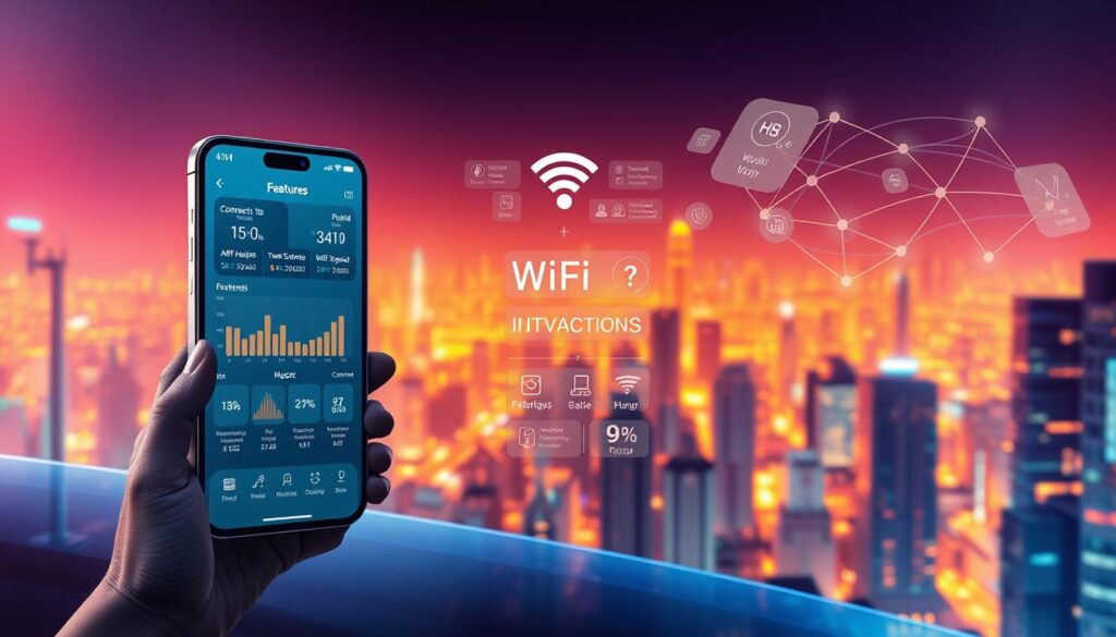 A highly detailed, futuristic illustration showcasing the key features and functionalities of wireless network apps. The foreground depicts a modern, minimalist smartphone interface with intuitive icons and controls for connecting to public WiFi hotspots, monitoring network speeds, and managing user preferences. The middle ground features vibrant, abstract data visualizations and network topology diagrams, highlighting the app's ability to analyze and optimize wireless connectivity. The background depicts a cityscape bathed in a warm, glowing color palette, creating a sense of urban connectivity and technology-driven convenience. The scene is lit by a dramatic, high-contrast lighting setup, emphasizing the sleek, high-tech aesthetic. The overall mood is one of advanced, user-friendly wireless technology seamlessly integrated into modern urban life. A highly detailed, futuristic illustration showcasing the key features and functionalities of wireless network apps. The foreground depicts a modern, minimalist smartphone interface with intuitive icons and controls for connecting to public WiFi hotspots, monitoring network speeds, and managing user preferences. The middle ground features vibrant, abstract data visualizations and network topology diagrams, highlighting the app's ability to analyze and optimize wireless connectivity. The background depicts a cityscape bathed in a warm, glowing color palette, creating a sense of urban connectivity and technology-driven convenience. The scene is lit by a dramatic, high-contrast lighting setup, emphasizing the sleek, high-tech aesthetic. The overall mood is one of advanced, user-friendly wireless technology seamlessly integrated into modern urban life.