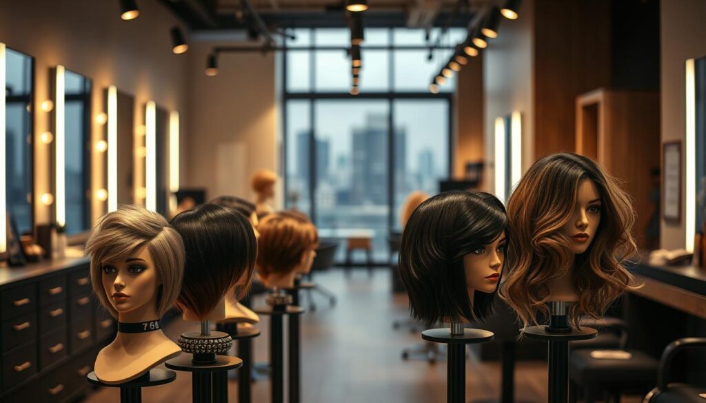A modern hair salon, dimly lit with warm, soft lighting. In the foreground, a diverse array of contemporary hairstyles are showcased on stylish mannequin heads: sleek and straight pixie cuts, textured shag layers, bold asymmetrical bobs, and tousled, wavy lobs. The middle ground features a minimalist, Scandinavian-inspired interior with clean lines, natural wood accents, and minimalist decor, conveying a sense of stylish sophistication. In the background, a muted, blurred cityscape provides a subtle urban backdrop, hinting at the progressive, metropolitan sensibilities that inspire these modern hair trends. A modern hair salon, dimly lit with warm, soft lighting. In the foreground, a diverse array of contemporary hairstyles are showcased on stylish mannequin heads: sleek and straight pixie cuts, textured shag layers, bold asymmetrical bobs, and tousled, wavy lobs. The middle ground features a minimalist, Scandinavian-inspired interior with clean lines, natural wood accents, and minimalist decor, conveying a sense of stylish sophistication. In the background, a muted, blurred cityscape provides a subtle urban backdrop, hinting at the progressive, metropolitan sensibilities that inspire these modern hair trends.