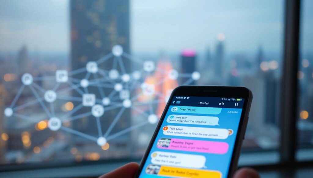 A modern smartphone screen displaying a real-time feed of ongoing digital conversations, with colorful chat bubbles and message indicators. The device is positioned prominently in the foreground, bathed in soft, diffused lighting that highlights the crisp, vibrant details of the user interface. In the middle ground, a network of interconnected devices, each representing different channels of communication, is depicted through a stylized, semi-transparent visualization. The background features a subtly blurred cityscape, evoking the ubiquity and interconnectedness of modern digital life. The overall scene conveys a sense of monitoring and oversight, reflecting the functionality of a parental control app to track and manage online conversations. A modern smartphone screen displaying a real-time feed of ongoing digital conversations, with colorful chat bubbles and message indicators. The device is positioned prominently in the foreground, bathed in soft, diffused lighting that highlights the crisp, vibrant details of the user interface. In the middle ground, a network of interconnected devices, each representing different channels of communication, is depicted through a stylized, semi-transparent visualization. The background features a subtly blurred cityscape, evoking the ubiquity and interconnectedness of modern digital life. The overall scene conveys a sense of monitoring and oversight, reflecting the functionality of a parental control app to track and manage online conversations.