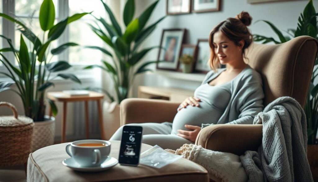 A serene and welcoming scene of a pregnant woman sitting comfortably on a plush armchair, surrounded by lush greenery and soft lighting. In the foreground, a cup of tea and a cozy blanket evoke a sense of relaxation and self-care. The middle ground features a smartly-designed mobile device, symbolizing the helpful pregnancy app. In the background, subtle details like framed ultrasound images and baby-themed artwork create a warm, nurturing atmosphere. The overall mood is one of tranquility, empowerment, and a deep connection between the expectant mother and her digital companion. A serene and welcoming scene of a pregnant woman sitting comfortably on a plush armchair, surrounded by lush greenery and soft lighting. In the foreground, a cup of tea and a cozy blanket evoke a sense of relaxation and self-care. The middle ground features a smartly-designed mobile device, symbolizing the helpful pregnancy app. In the background, subtle details like framed ultrasound images and baby-themed artwork create a warm, nurturing atmosphere. The overall mood is one of tranquility, empowerment, and a deep connection between the expectant mother and her digital companion.