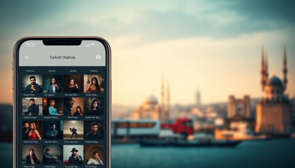 A serene, modern mobile app interface showcasing the essential features for watching Turkish dramas. In the foreground, a minimalist grid layout displays thumbnails of popular show episodes, with a sleek, intuitive navigation bar above. The middle ground features a large video player, bathed in warm, cinematic lighting, ready to immerse the viewer in the drama. In the background, a blurred cityscape of Istanbul's iconic architecture creates a sense of place, hinting at the cultural richness of Turkish entertainment. The overall mood is one of refined elegance and effortless accessibility, inviting the user to discover the best of Turkish television through a seamless, premium digital experience. A serene, modern mobile app interface showcasing the essential features for watching Turkish dramas. In the foreground, a minimalist grid layout displays thumbnails of popular show episodes, with a sleek, intuitive navigation bar above. The middle ground features a large video player, bathed in warm, cinematic lighting, ready to immerse the viewer in the drama. In the background, a blurred cityscape of Istanbul's iconic architecture creates a sense of place, hinting at the cultural richness of Turkish entertainment. The overall mood is one of refined elegance and effortless accessibility, inviting the user to discover the best of Turkish television through a seamless, premium digital experience.