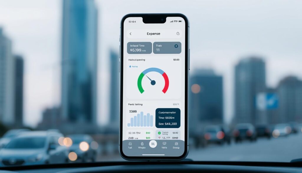 A sleek, modern mobile app interface showcasing a fuel consumption and expense tracking dashboard. In the foreground, a clean and intuitive user interface displays real-time fuel efficiency metrics, historical spending trends, and customizable settings. The middle ground features a prominent fuel gauge icon and fuel cost breakdown visuals. The background depicts a subtly blurred cityscape, evoking the app's practical, on-the-go utility for urban commuters. Soft lighting creates a calm, sophisticated atmosphere, while a minimalist color palette of blues, grays, and whites reinforces the app's modern, user-friendly design. A sleek, modern mobile app interface showcasing a fuel consumption and expense tracking dashboard. In the foreground, a clean and intuitive user interface displays real-time fuel efficiency metrics, historical spending trends, and customizable settings. The middle ground features a prominent fuel gauge icon and fuel cost breakdown visuals. The background depicts a subtly blurred cityscape, evoking the app's practical, on-the-go utility for urban commuters. Soft lighting creates a calm, sophisticated atmosphere, while a minimalist color palette of blues, grays, and whites reinforces the app's modern, user-friendly design.