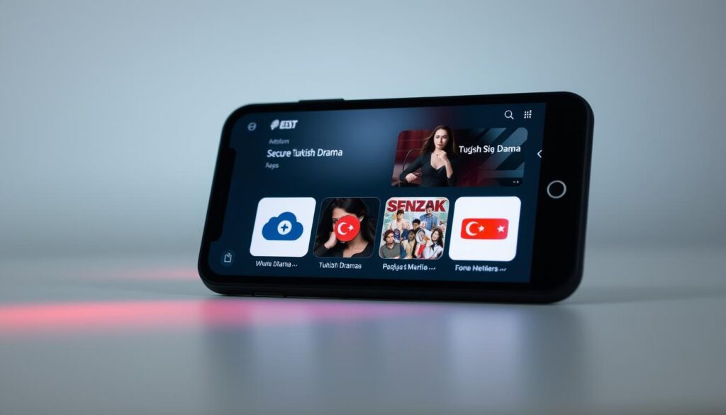 A sleek, modern mobile device screen displaying a selection of secure Turkish drama streaming apps, set against a clean, minimalist background. The apps are showcased with clear icons and titles, exuding a sense of trustworthiness and ease of use. Soft, directional lighting creates depth and highlights the screen's elegant design, while a subtle gradient in the background suggests a calming, professional atmosphere. The overall composition conveys a message of reliable, secure access to popular Turkish TV shows.