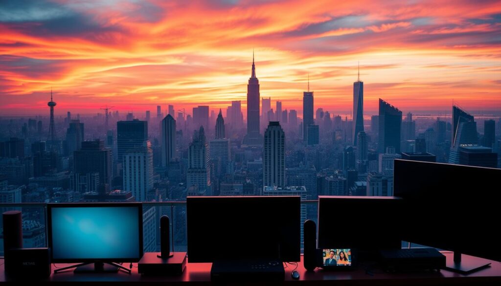 A sprawling city skyline, its iconic broadcast towers and satellite dishes silhouetted against a vibrant sunset sky. In the foreground, a collection of sleek, modern streaming devices and smart TVs, their screens emanating a warm, inviting glow. The scene is bathed in a soft, cinematic lighting that accentuates the juxtaposition of traditional and cutting-edge media platforms. The overall atmosphere conveys a sense of technological progress and the seamless integration of free, open-source streaming into the fabric of urban life. A sprawling city skyline, its iconic broadcast towers and satellite dishes silhouetted against a vibrant sunset sky. In the foreground, a collection of sleek, modern streaming devices and smart TVs, their screens emanating a warm, inviting glow. The scene is bathed in a soft, cinematic lighting that accentuates the juxtaposition of traditional and cutting-edge media platforms. The overall atmosphere conveys a sense of technological progress and the seamless integration of free, open-source streaming into the fabric of urban life.